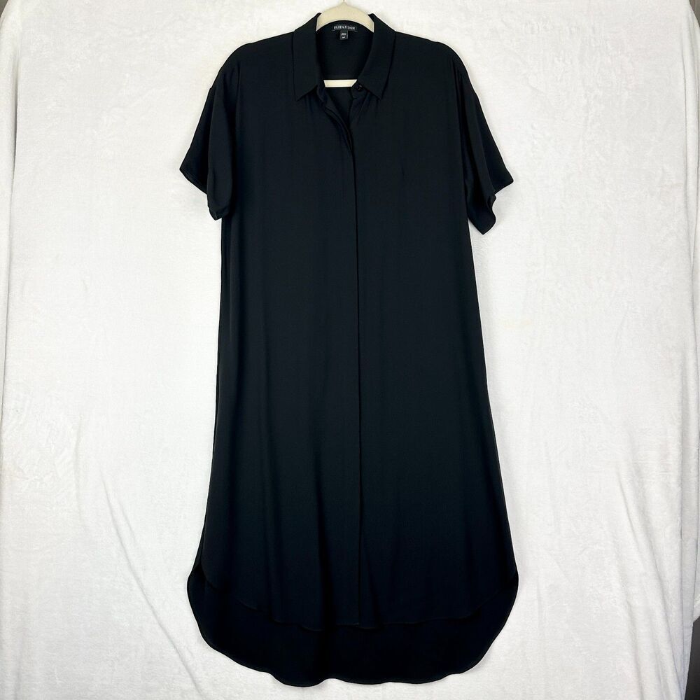 Eileen Fisher Silk Georgette Crepe Shirtdress Size Small Black Hi Low Classic